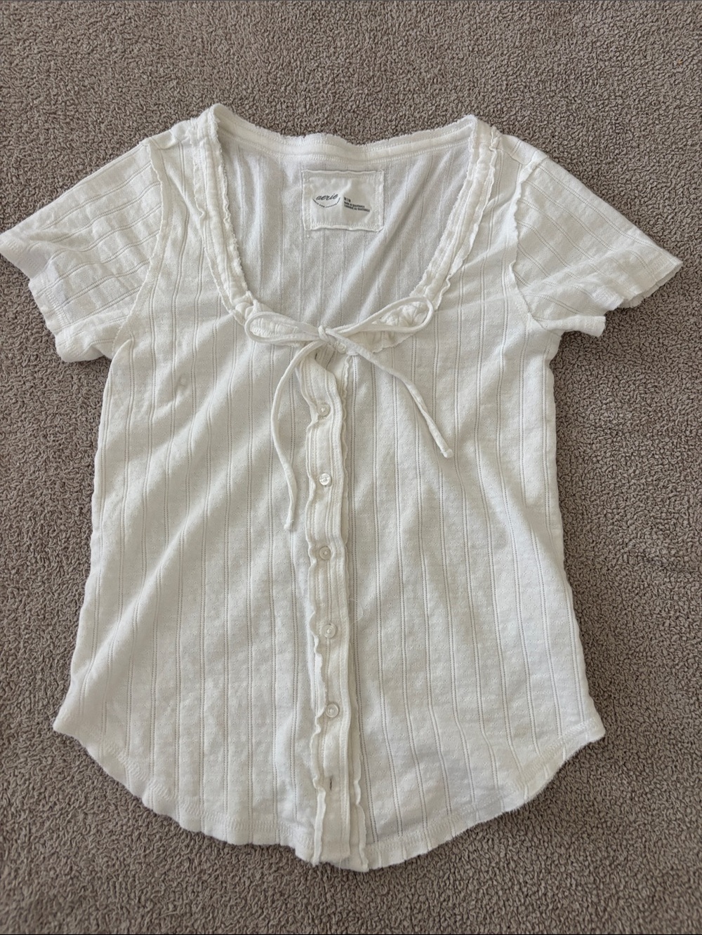 aerie White Ribbed Tie-Front Button Down Top